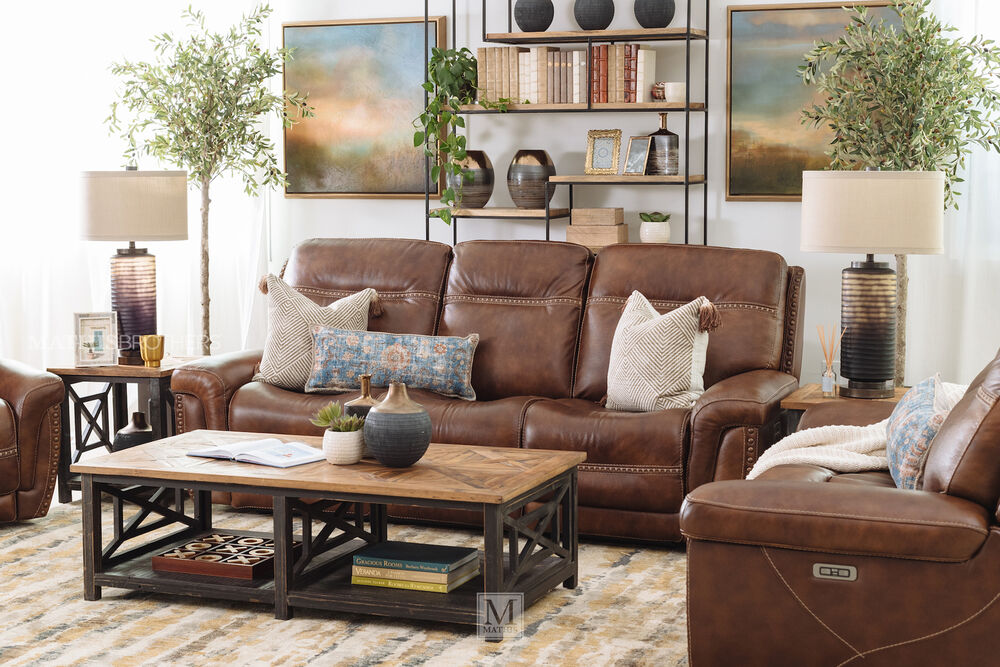 Nailhead Accented Leather Power, Brown Leather Nailhead Reclining Sofa