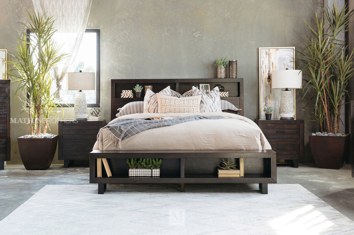Four-Piece Mid-Century Modern Storage Bedroom Set in Dark Brown | Mathis Brothers Furniture