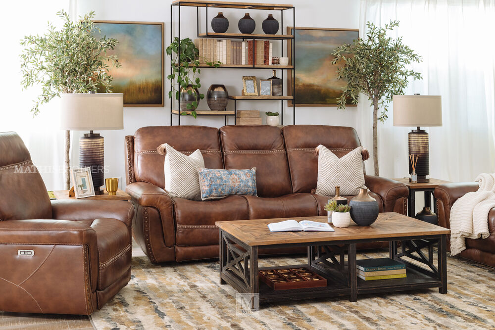 Nailhead Accented Leather Power, Brown Leather Nailhead Reclining Sofa