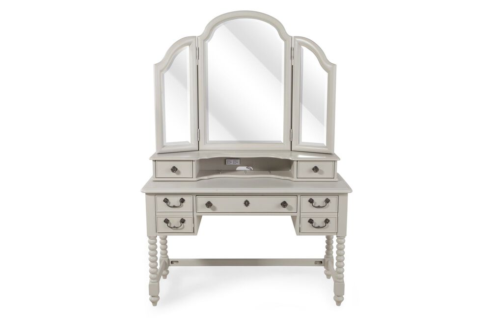 Country Desk Vanity With Mirror In Morning Mist Gray Mathis