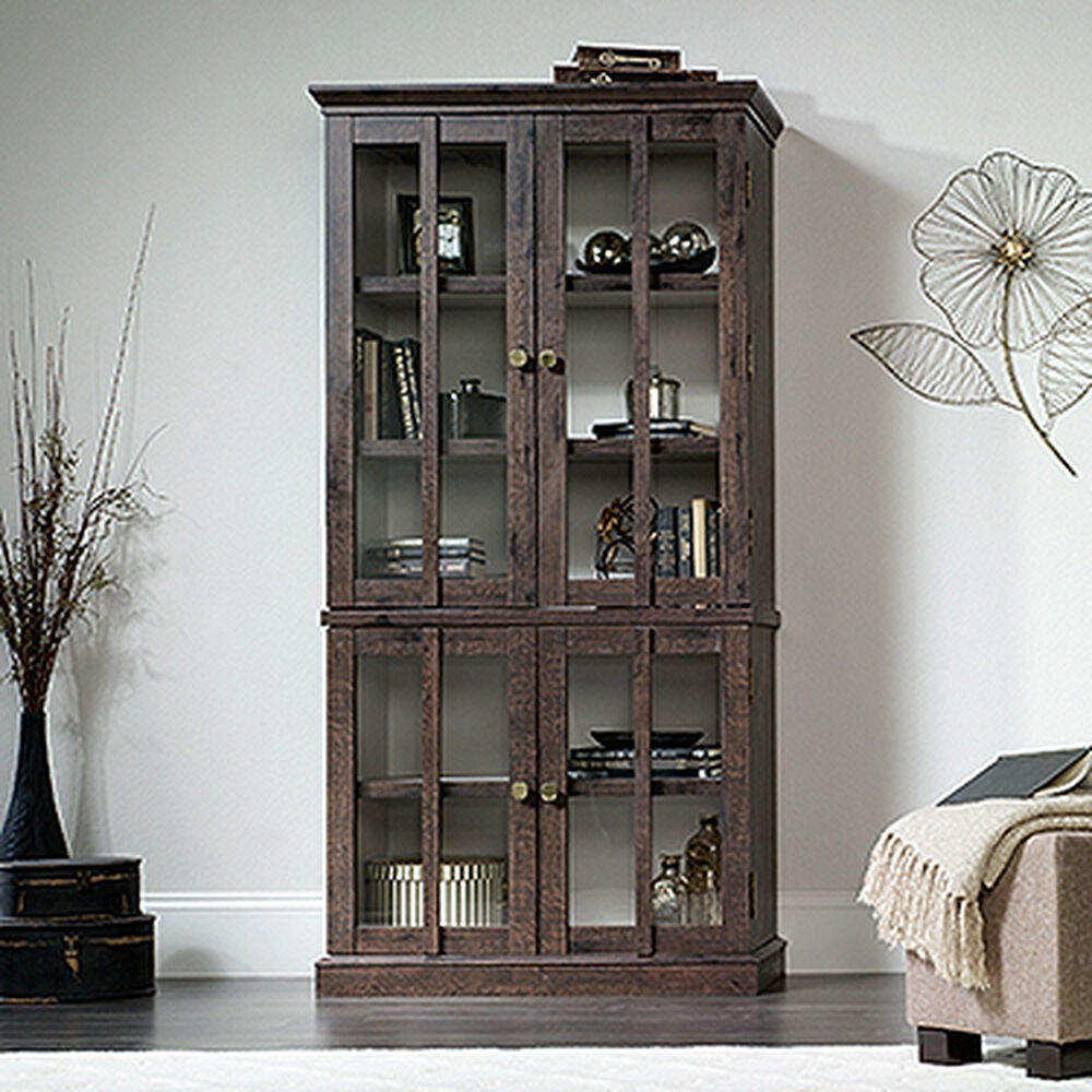 Contemporary Tempered Glass Tall Display Cabinet In Coffee Oak