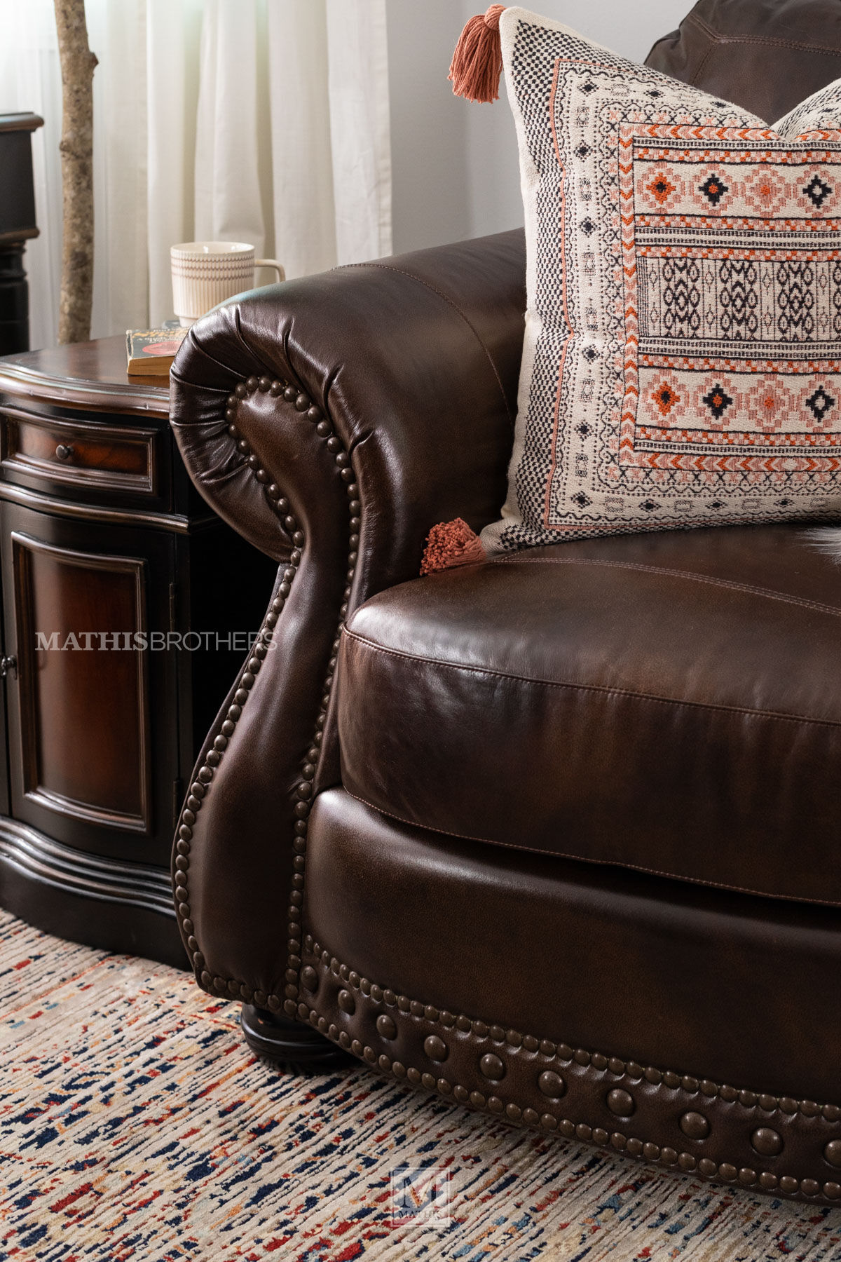 Antique Brown Leather Sofa 100% Top Grain Nailhead Trim Down Blend Restoration 