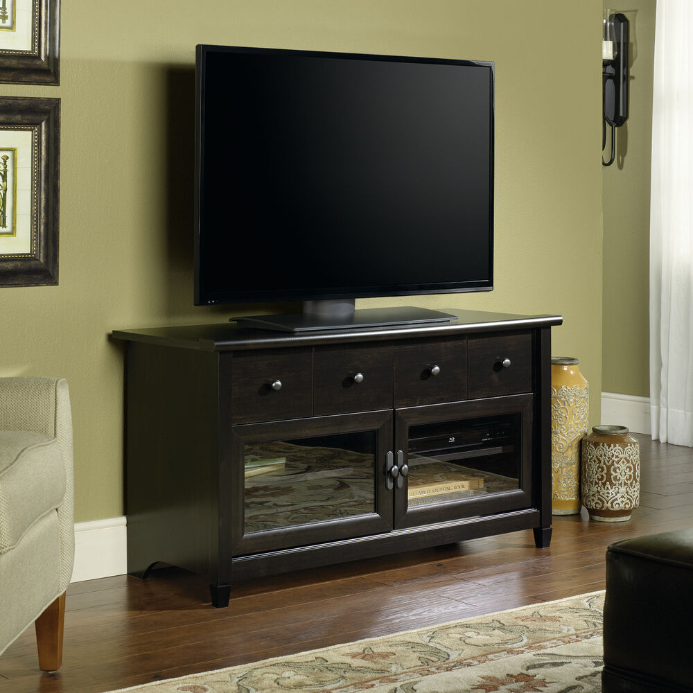 Tempered Glass Door Transitional Panel Tv Stand In Estate Black