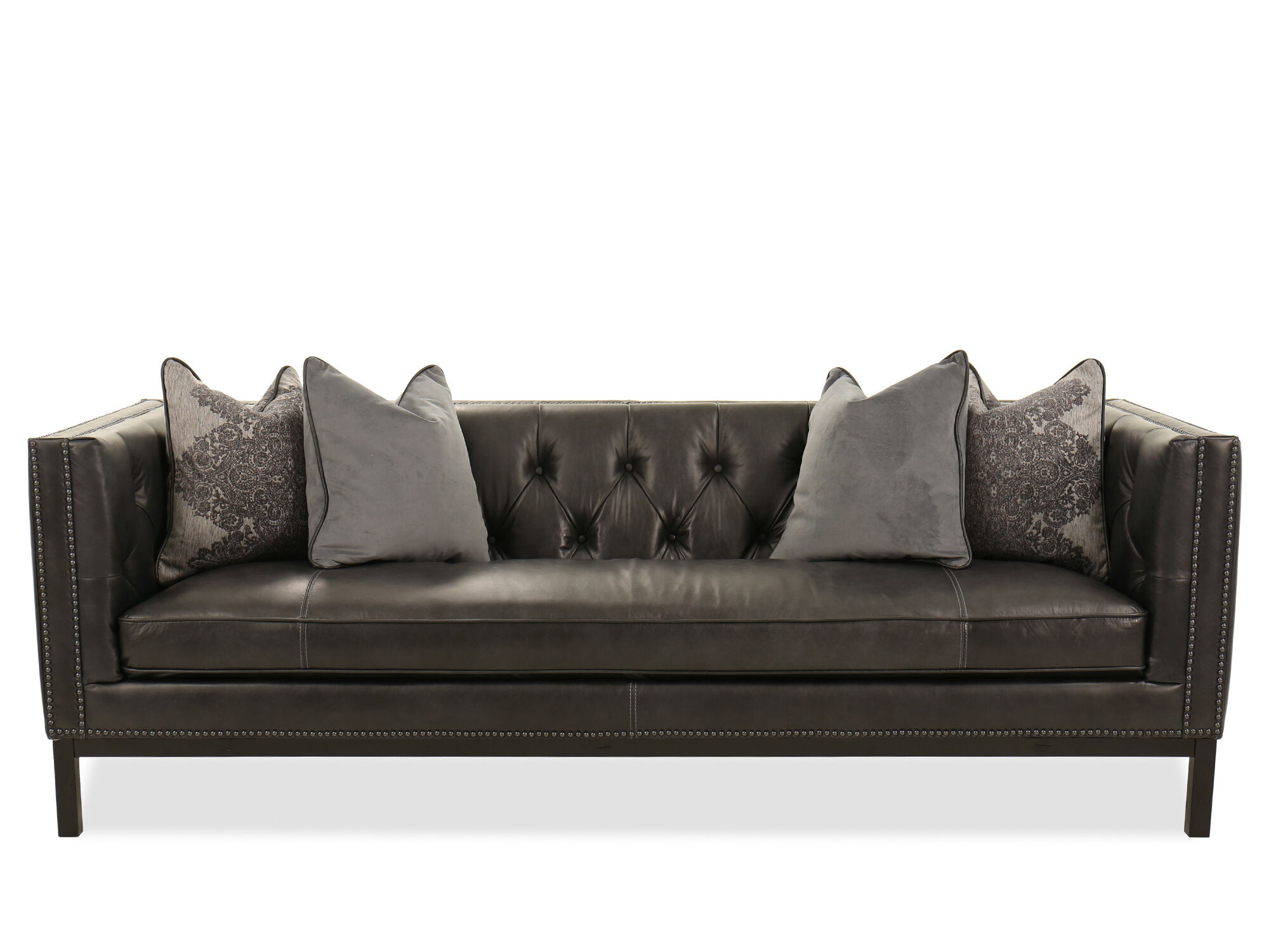 Nailhead Accented Leather Sofa In Slate, Nailhead Leather Couch